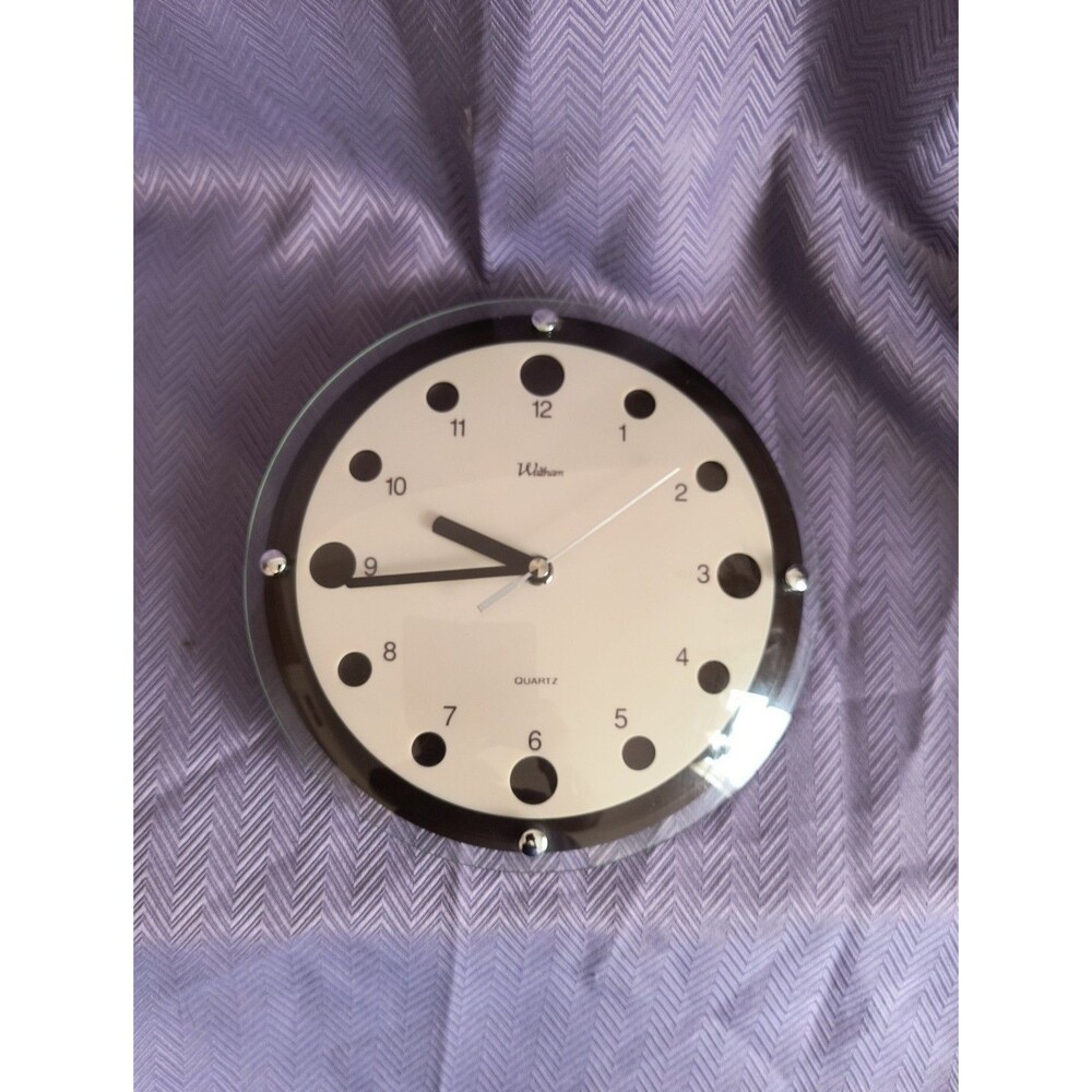 Waltham Glass Dome Wall Round Clock Metal Dial 9" Works. Brown and Cream